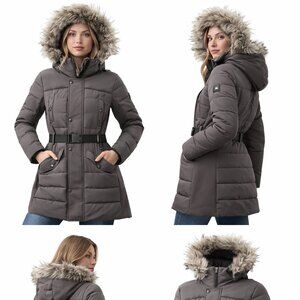 Michael Kors Belted Faux Fur Hood Puffer Coat Women’s Medium Winter Jacket